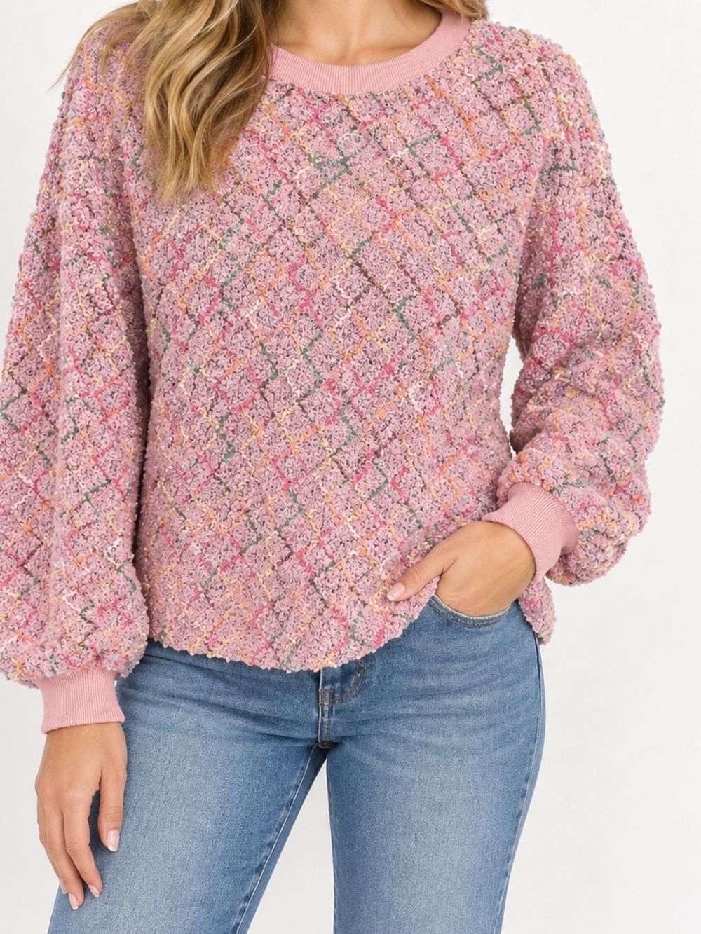 JOA pink multicolor chenille crew neck sweater with balloon lantern sleeves